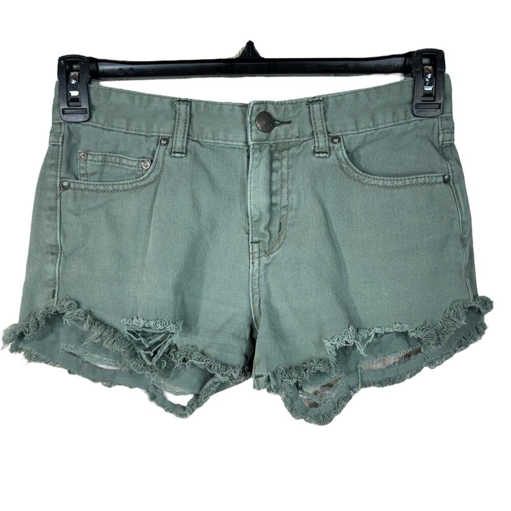 Free People SZ W25 Jean Shorts Distressed Mid-Rise Pockets Zip-Fly Olive Green
